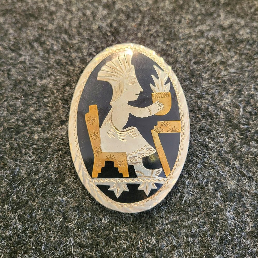Vintage Silver & Brass Inlay Onyx Brooch/Pendant, Marked Hecko En Mexico - DF 92